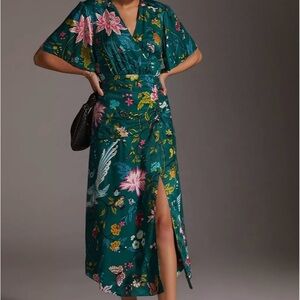 NEW Anthropologie Maeve Green Floral & Bird Print Maxi Dress, Size 2